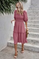 Square Neck Puff Sleeve Ruffle Hem Dress - Image 2