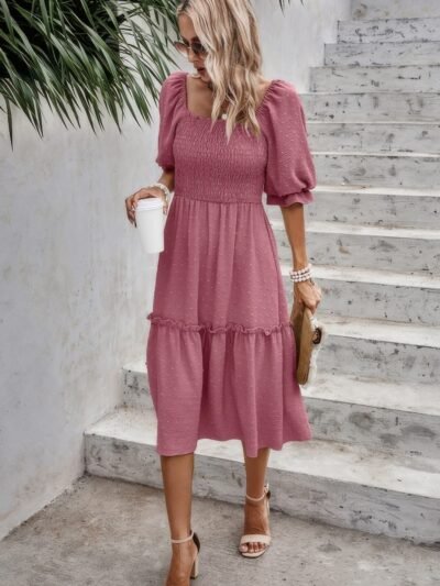 Square Neck Puff Sleeve Ruffle Hem Dress Square Neck Puff Sleeve Ruffle Hem Dress