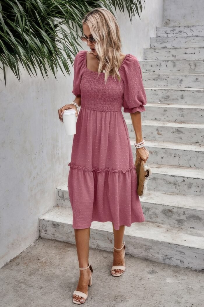 Square neck puff sleeve ruffle hem dress - image 2