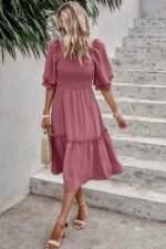 Square Neck Puff Sleeve Ruffle Hem Dress - Image 3