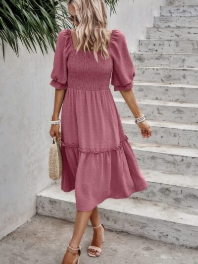 Square Neck Puff Sleeve Ruffle Hem Dress Square Neck Puff Sleeve Ruffle Hem Dress