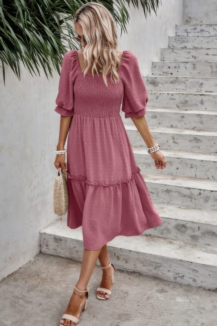 Square neck puff sleeve ruffle hem dress - image 3