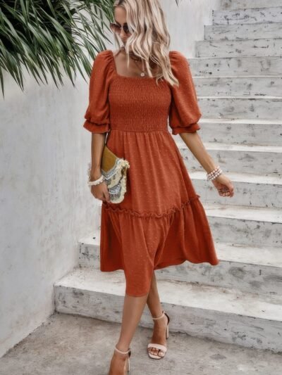 Square Neck Puff Sleeve Ruffle Hem Dress Square Neck Puff Sleeve Ruffle Hem Dress