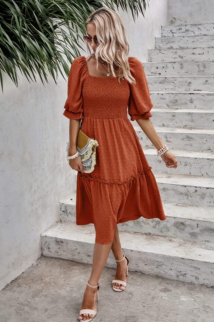 Square neck puff sleeve ruffle hem dress - image 4