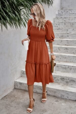 Square Neck Puff Sleeve Ruffle Hem Dress Square Neck Puff Sleeve Ruffle Hem Dress