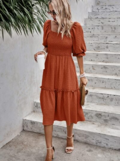 Square Neck Puff Sleeve Ruffle Hem Dress Square Neck Puff Sleeve Ruffle Hem Dress