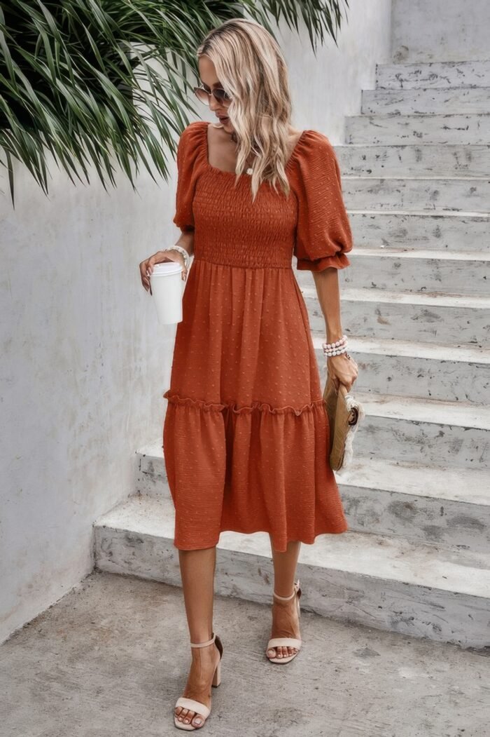 Square neck puff sleeve ruffle hem dress - image 5
