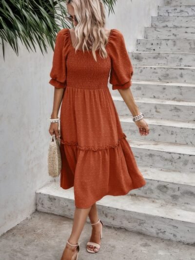 Square Neck Puff Sleeve Ruffle Hem Dress Square Neck Puff Sleeve Ruffle Hem Dress
