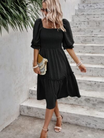 Square Neck Puff Sleeve Ruffle Hem Dress Square Neck Puff Sleeve Ruffle Hem Dress