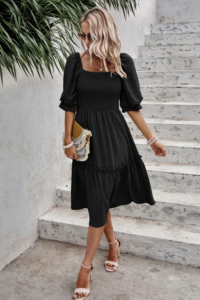 Square neck puff sleeve ruffle hem dress - image 7