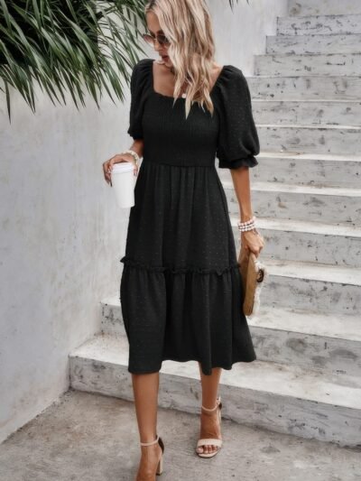 Square Neck Puff Sleeve Ruffle Hem Dress Square Neck Puff Sleeve Ruffle Hem Dress