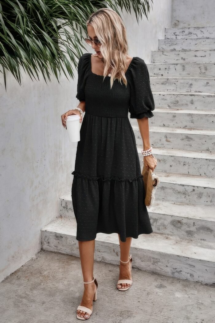 Square neck puff sleeve ruffle hem dress - image 8