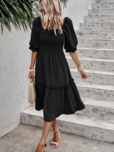 Square Neck Puff Sleeve Ruffle Hem Dress Square Neck Puff Sleeve Ruffle Hem Dress