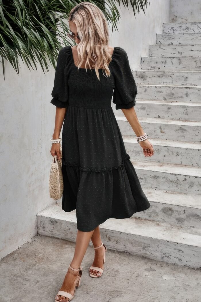 Square neck puff sleeve ruffle hem dress - image 9
