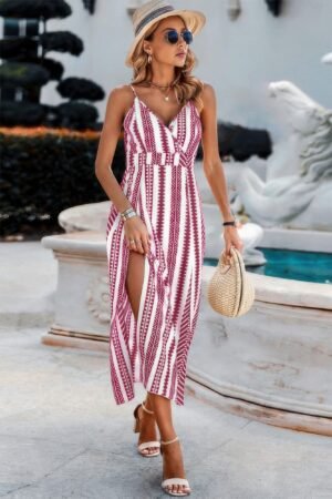 V Neck Geo Print Split Thigh Sleeveless Cami Dress V Neck Geo Print Split Thigh Sleeveless Cami Dress