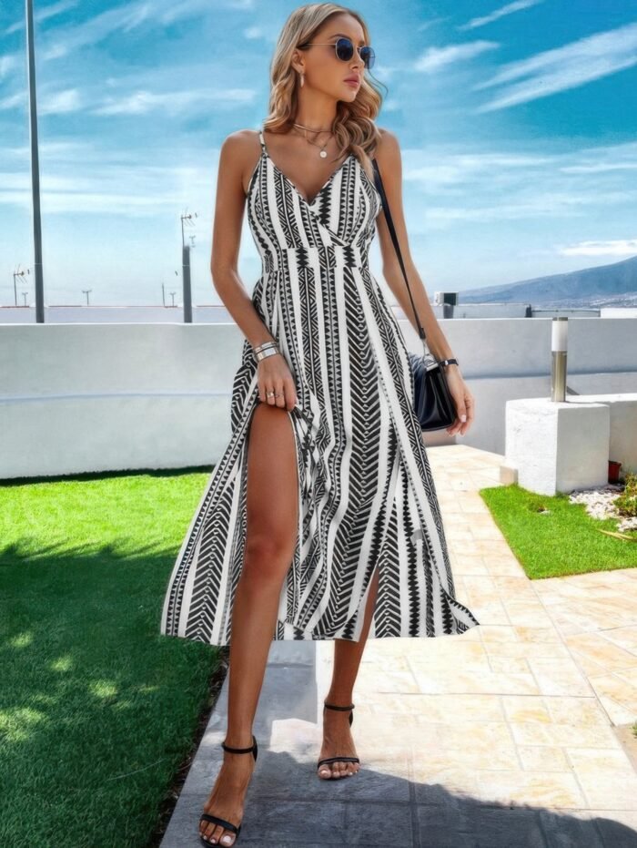V neck geo print split thigh sleeveless cami dress - image 16