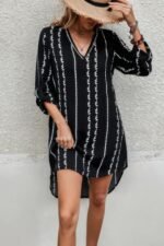 Striped Print Roll Tab Sleeve Tunic Loose Dress - Image 2