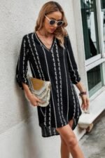Striped Print Roll Tab Sleeve Tunic Loose Dress - Image 3