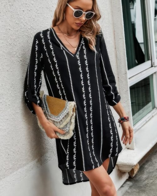 striped print roll tab sleeve tunic loose dress