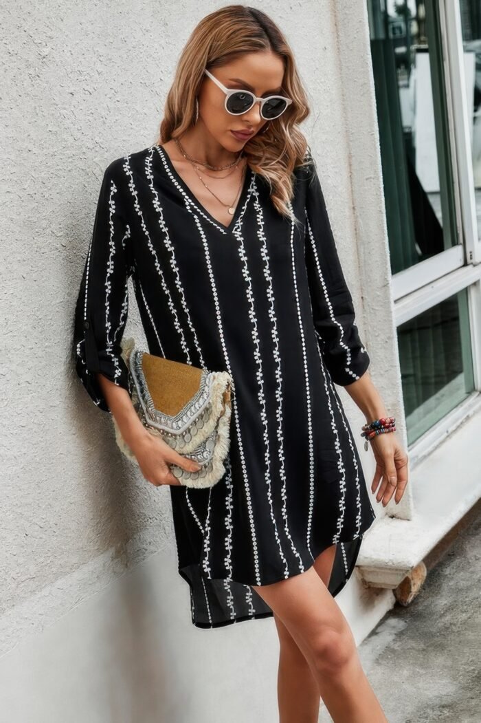Striped print roll tab sleeve tunic loose dress - image 3