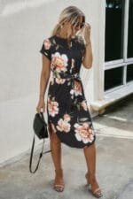 Notched Neck Floral Print Belted Fit Dress