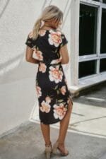 Notched Neck Floral Print Belted Fit Dress