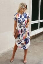 Notched Neck Floral Print Belted Fit Dress