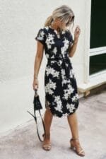 Notched Neck Floral Print Belted Fit Dress