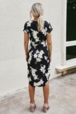 Notched Neck Floral Print Belted Fit Dress