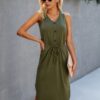 Solid V Neck Drawstring Waist Curved Hem Dress