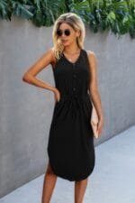 Solid V Neck Drawstring Waist Curved Hem Dress