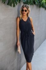 Solid V Neck Drawstring Waist Curved Hem Dress