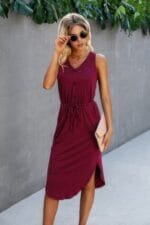 Solid V Neck Drawstring Waist Curved Hem Dress