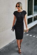 Solid Crewneck Short Sleeve High Waisted Fit Midi