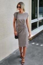 Solid Crewneck Short Sleeve High Waisted Fit Midi