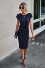 Solid Crewneck Short Sleeve High Waisted Fit Midi