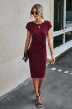 Solid Crewneck Short Sleeve High Waisted Fit Midi