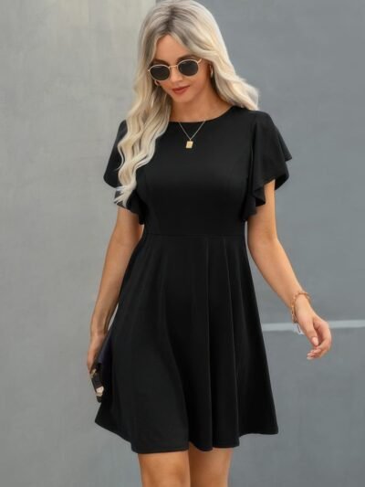 Elegant Solid Crew Neck Butterfly Sleeve Slim Dress