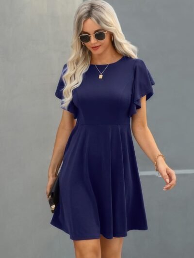 Elegant Solid Crew Neck Butterfly Sleeve Slim Dress Elegant Solid Crew Neck Butterfly Sleeve Slim Dress