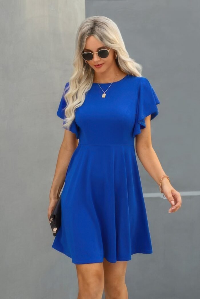 Elegant solid crew neck butterfly sleeve slim dress - image 5