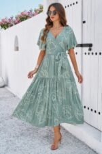 Allover Print V Neck Fit Belt A Line Long Dress - Image 2