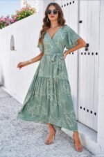 Allover Print V Neck Fit Belt A Line Long Dress - Image 3