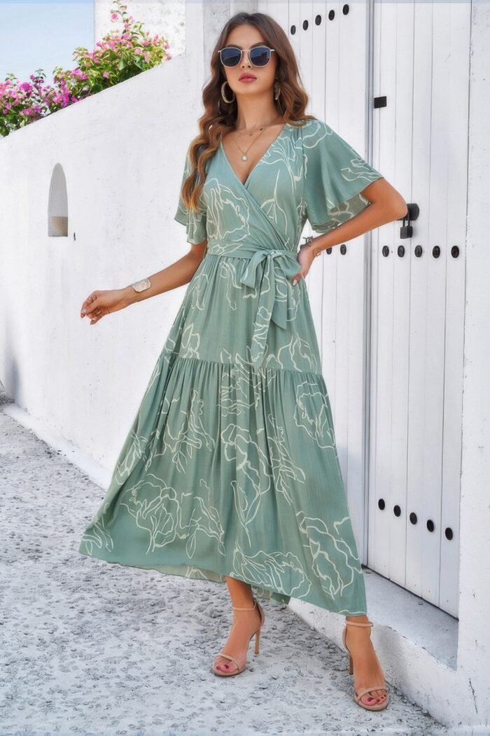 Allover print v neck fit belt a line long dress - image 3