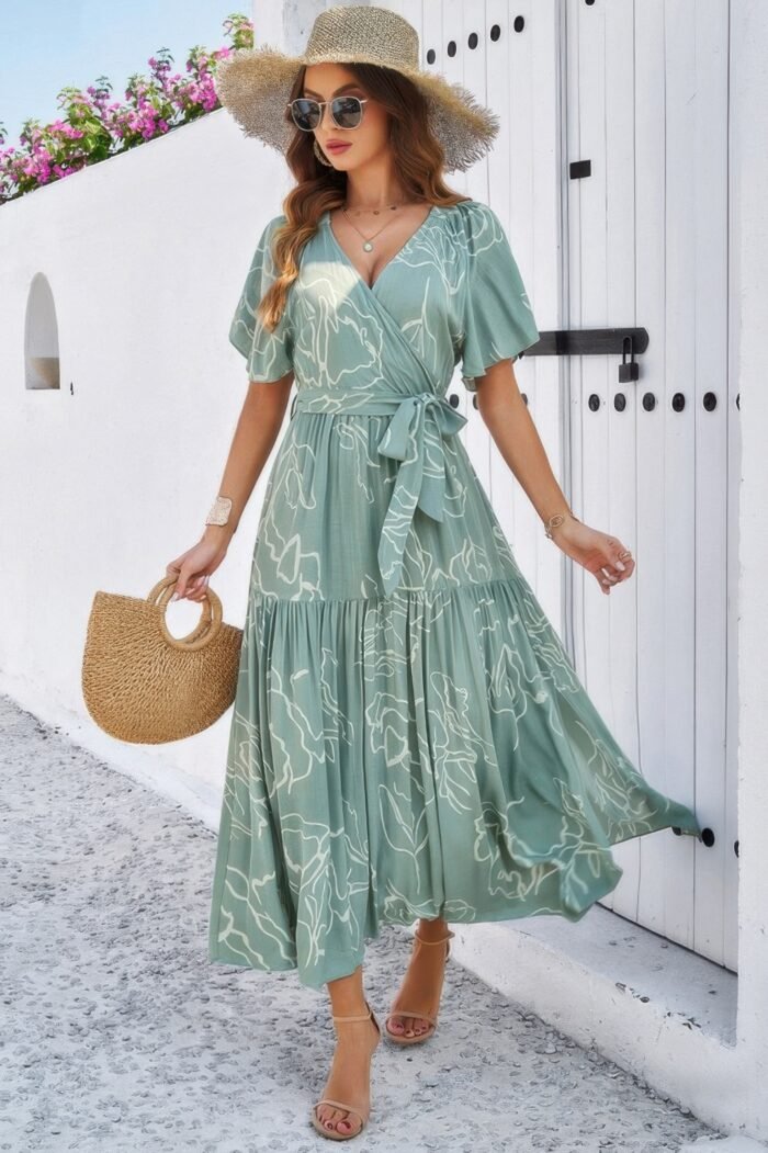 Allover print v neck fit belt a line long dress - image 4