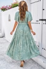 Allover Print V Neck Fit Belt A Line Long Dress - Image 5