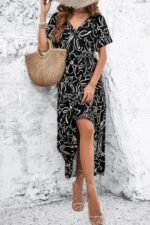 Allover Print V Neck Fit Belt A Line Long Dress - Image 6