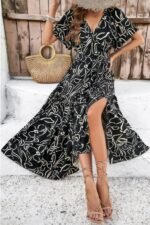 Allover Print V Neck Fit Belt A Line Long Dress - Image 7