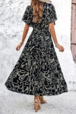 Allover Print V Neck Fit Belt A Line Long Dress - Image 8
