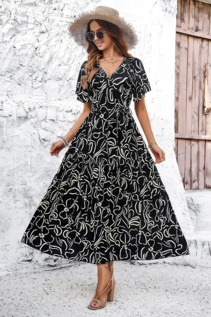 Allover print v neck fit belt a line long dress - image 9