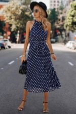 Dot Print Open Shoulder Fit Knot Belt Dress - Image 2